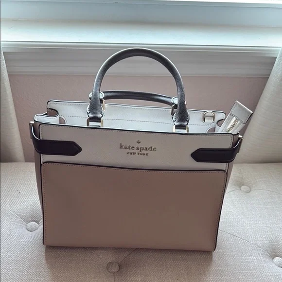 Kate Spade Rae Warm Beige Black Trim Saffiano Satchel Bag  Kate Spade Tan and Black Satchel main image 2